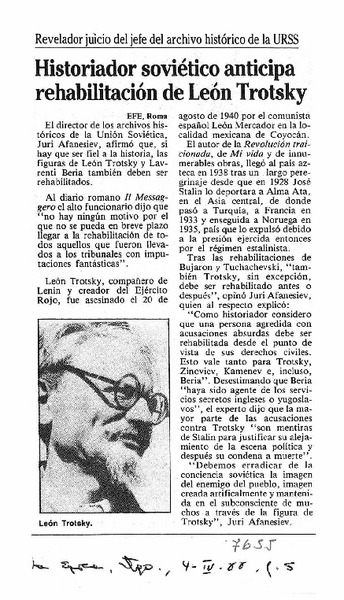 Historiador soviético anticipa rehabilitación de León Trotsky.
