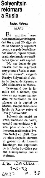 Solzhenitsyn retornará a Rusia