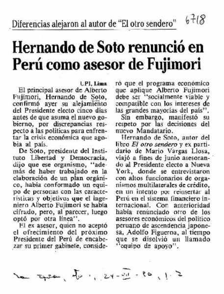 Hernando de Soto renunció en Perú como asesor de Fujimori