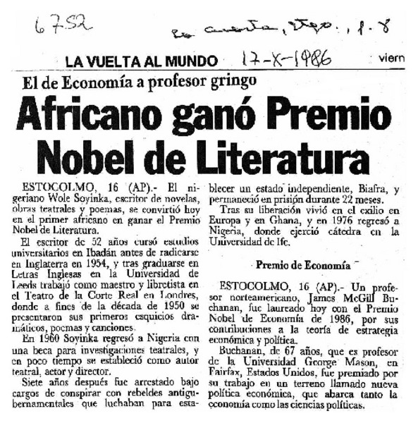 Africano ganó Premio Nobel de Literatura El de Economía a profesor gringo