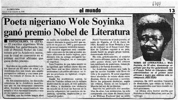 Poeta nigeriano Wole Soyinka ganó premio Nobel de Literatura