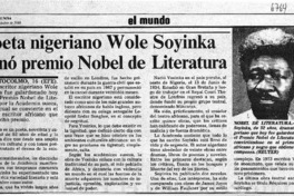 Poeta nigeriano Wole Soyinka ganó premio Nobel de Literatura