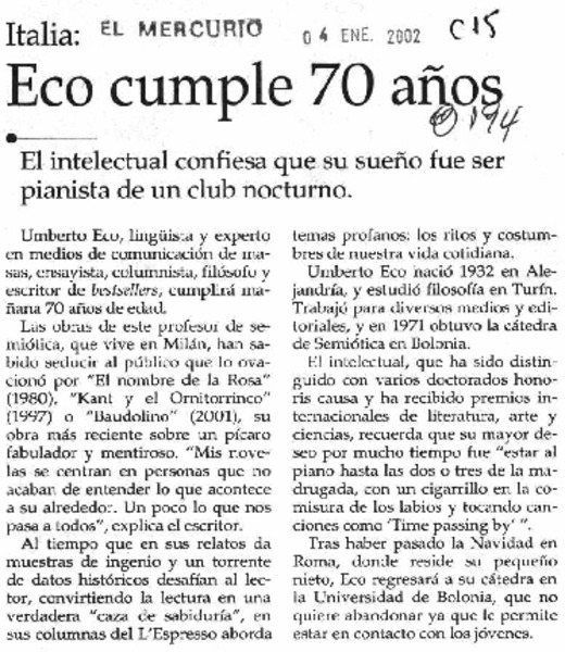 Eco cumple 70 años.