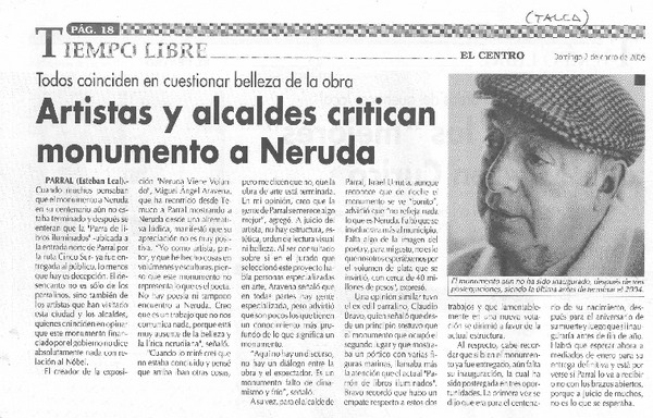 Artistas y alcaldes criticas monumento a Neruda