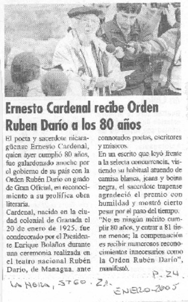 Ernesto Cardenal recibe Orden Rubén Darío a los 80 años