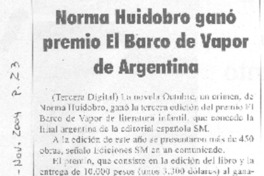 Norma Huidobro ganó premio El Barco de vapor de Argentina