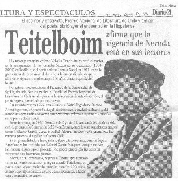 Teitelboim afirma que la vigencia de Neruda está en sus lectores