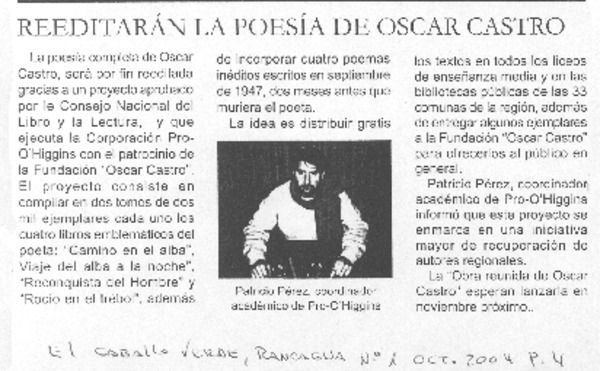 Reeditaran la poesía de Oscar Castro