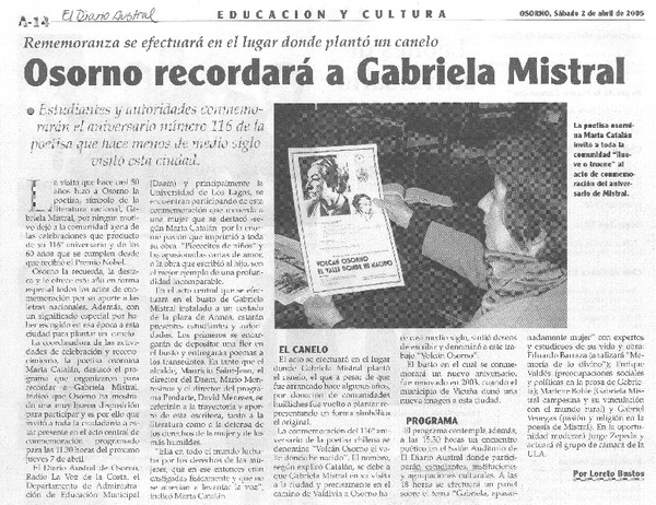 Osorno recordará a Gabriela Mistral