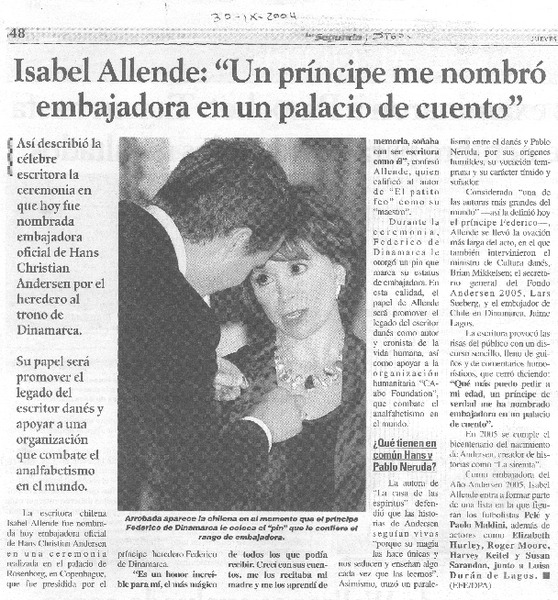 Isabel Allende: "Un príncipe me nombró embajadora en un palacio de cuento"