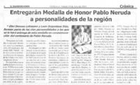 Entregarán Medalla de Honor Pablo Neruda a personalidades de la región