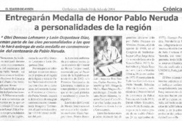 Entregarán Medalla de Honor Pablo Neruda a personalidades de la región