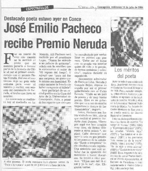 José Emilio Pacheco recibe Premio Neruda