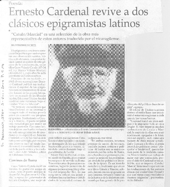 Ernesto Cardenal revive a dos clásicos epigramistas latinos