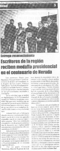Escritores de la región reciben medalla presidencial en el centenario de Neruda