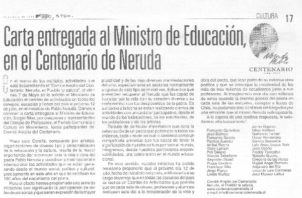 Carta entregada al Ministro de Educación en el Centenario de Neruda
