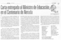 Carta entregada al Ministro de Educación en el Centenario de Neruda