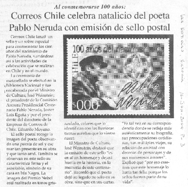 Correos de Chile celebra natalicio del poeta Pablo Neruda con emisión de sello postal