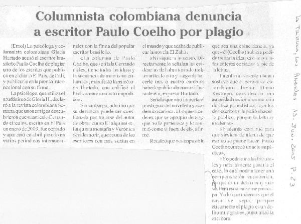 Columnista colombiana denuncia a escritor Paula Coelho por plagio