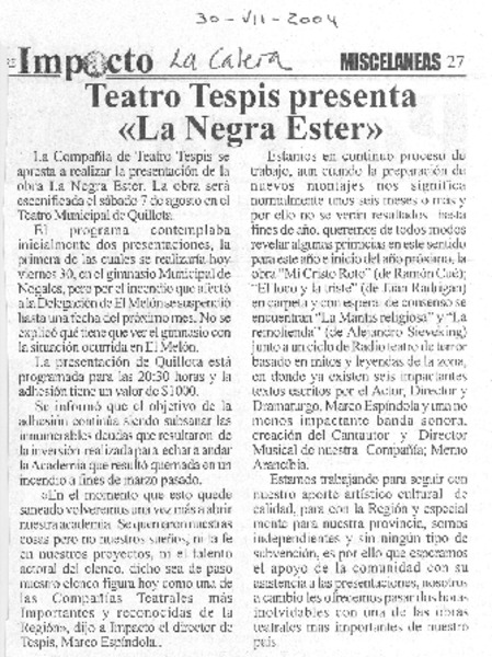 Teatro Tepsis presenta "La Negra Ester"