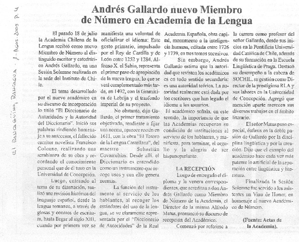 Andrés Gallardo nuevo miembro de número en Academia de la Lengua