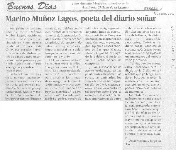 Marino Muñoz Lagos, poeta del diario soñar.