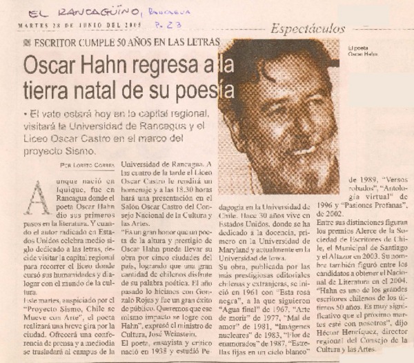 Oscar Hahn regresa a la tierra natal de su poesía