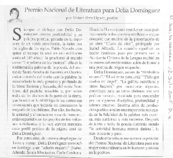 Premio Nacional de literatura para Delia Domíguez