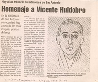 Hoy a las 19 horas en biblioteca de San Antonio : Homenaje a Vicente Huidobro