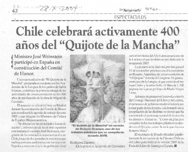 Chile celebrará activamente 400 años del "Quijote de la Mancha"