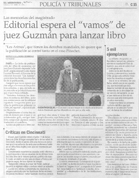 Editorial espera el "vamos" de juez Guzmán para lanzar libro.