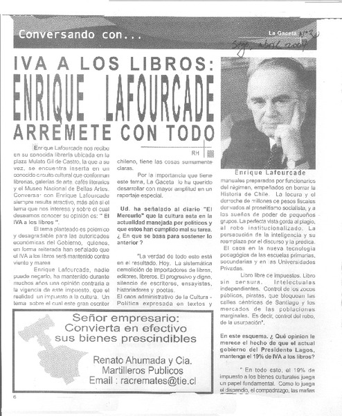 IVA a los libros : Enrique Lafourcade arremete con todo : [entrevista]