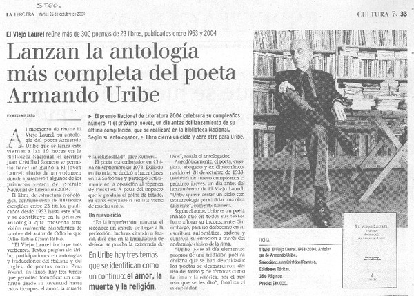 Lanzan la antología más completa del poeta Armando Uribe