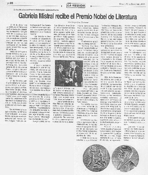 Gabriela Mistral recibe el Premio Nobel de Literatura