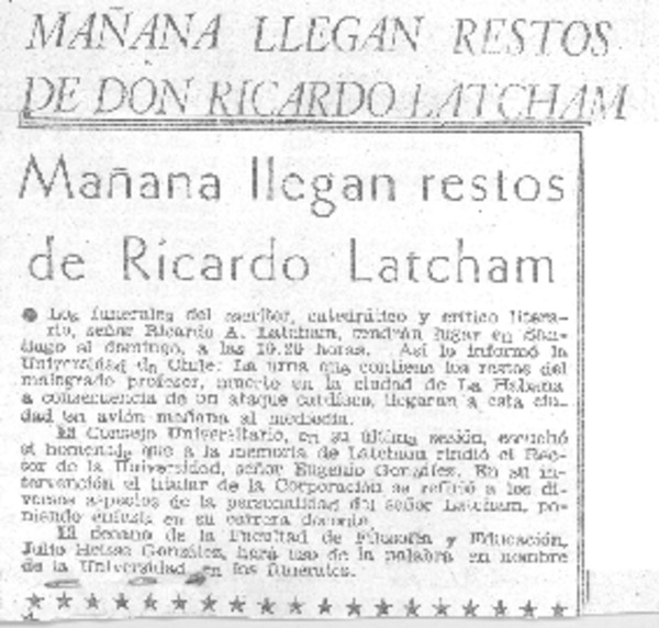 Mañan llegan los restos de don Ricardo Latcham
