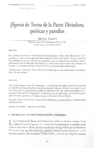 Ifigenia de Teresa de la Parra: dictadura, poéticas y parodias