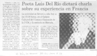 Poeta Luis del Río dictará charla sobre su experiencia en Francia