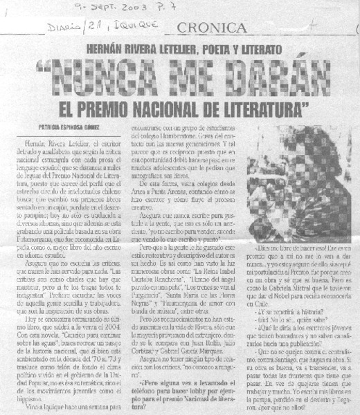 Hernán Rivera Letelier, poeta y literato "Nunca me darán el premio nacional de literatura" (entrevistas)