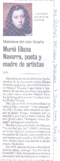 Murió Eliana Navarro, poeta y madre de artistas