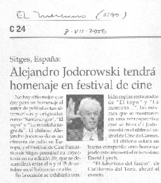 Alejandro Jodorowski tendrá homenaje en festival de cine