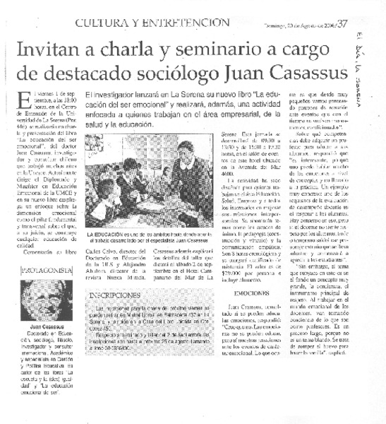Invitan a charla y seminario a cargo de destacado sociólogo Juan Casassus