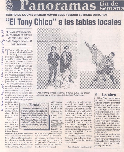 Teatro de la Universidad Mayor sede Temuco estrena obra hoy "El Tony chico" a las tablas locales