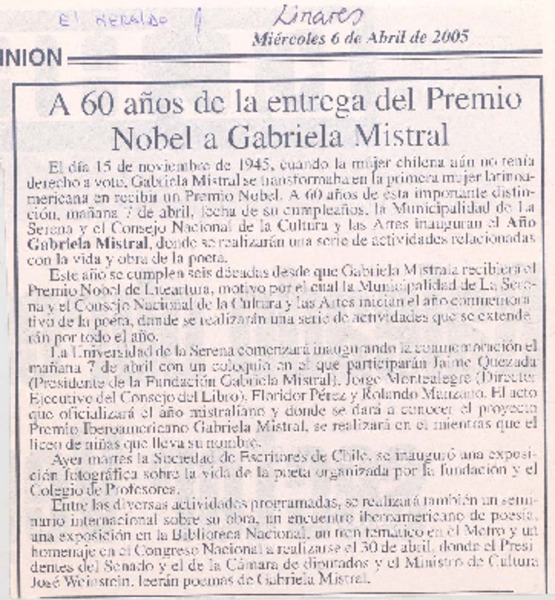 A 60 años de la entrega del Premio Nobel a Gabriela Mistral