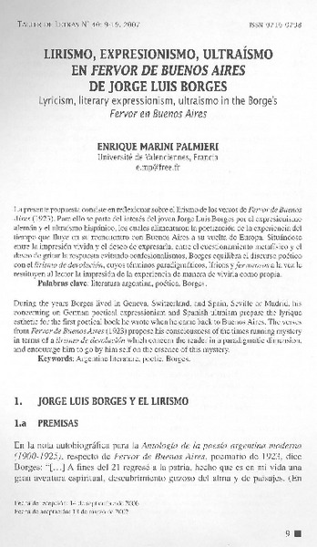 Lirismo, expresionismo, ultraísmo en Fervor de Buenos Aires de Jorge Luis Borges