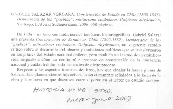 Construcción de Estado en Chile (1800-1837) Democracia de los "pueblos", militarismo ciudadano. Golpismo oligárquico.