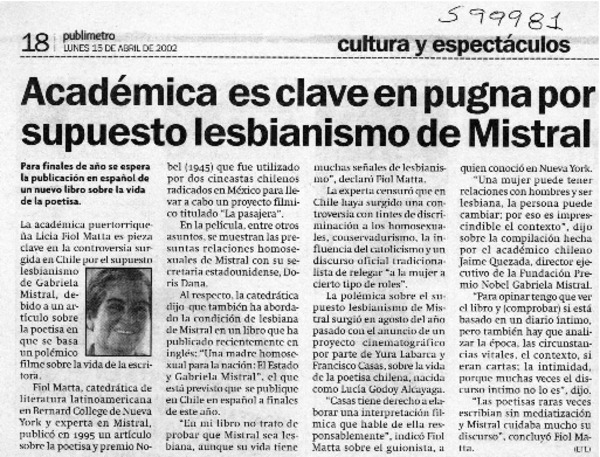 Académica es clave en pugna por supuesto lesbianismo de Mistral  [artículo]