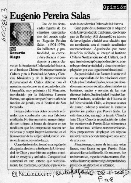 Eugenio Pereira Salas  [artículo] Gerardo Claps