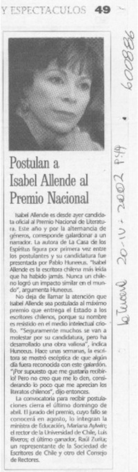 Postulan a Isabel Allende al premio nacional  [artículo]