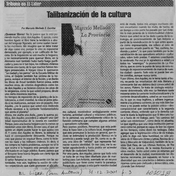 Talibanización de la cultura  [artículo] Marcelo Mellado