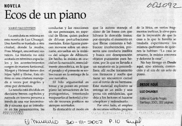 Ecos de un piano  [artículo] Mario Valdovinos